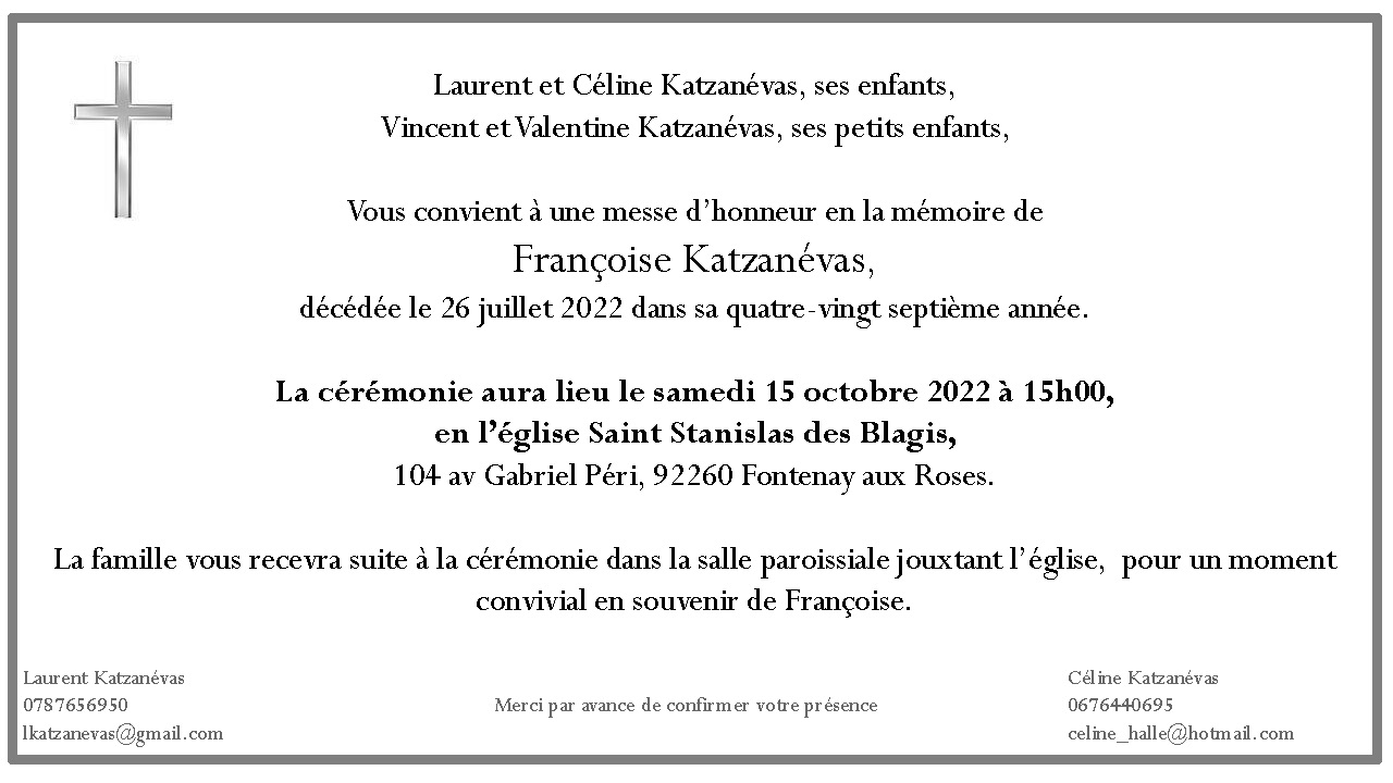 Faire Part Françoise Katzanevas 15 octobre 2022